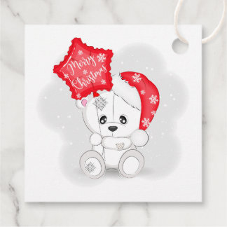 Cute White Teddy Bear & Merry Xmas Balloon Favour Tags