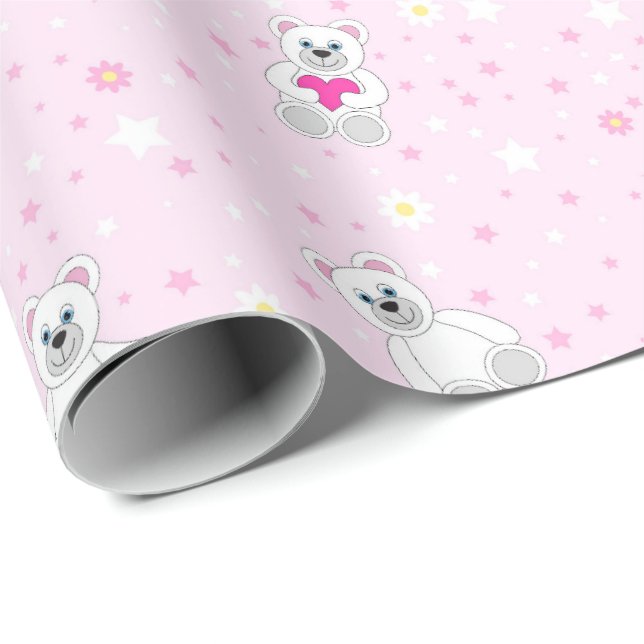 Cute White Teddy Bear Pink Baby Shower Pattern Wrapping Paper (Roll Corner)