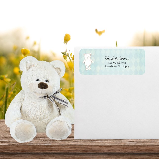 Cute White Teddy Bear Return Address | Aqua Blue (Creator Uploaded)