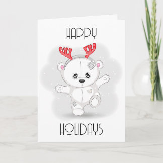 Cute White Teddy Bear with Red Antlers Holiday Card
