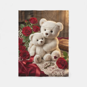 Cute White Teddy Bears With Red Flowers Art Fleece Blanket