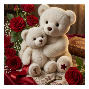 Cute White Teddy Bears With Red Flowers Art Fleece Poster