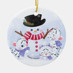 Cute White Tiger Cubs and Snowman Ceramic Tree Decoration
