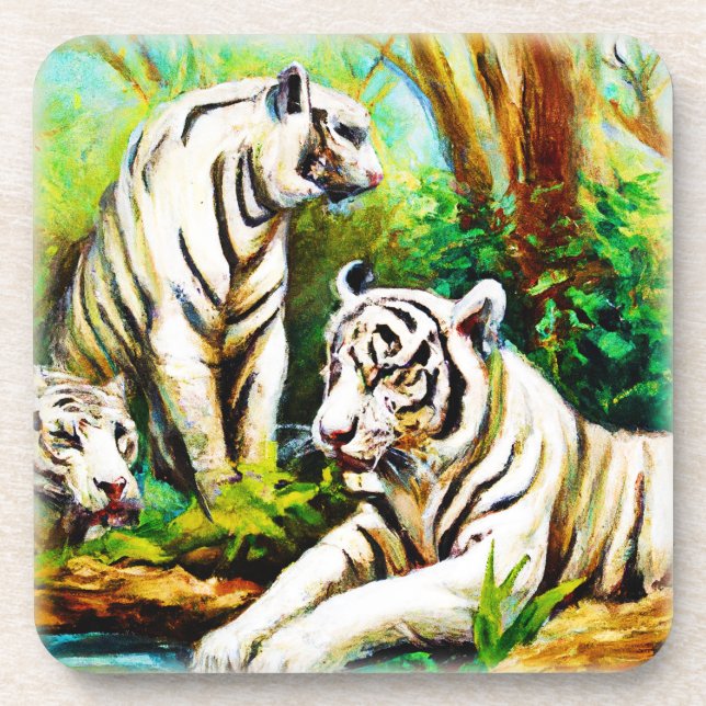 Cute White Tigers In The Jungle. Buy Now Coaster (Front)