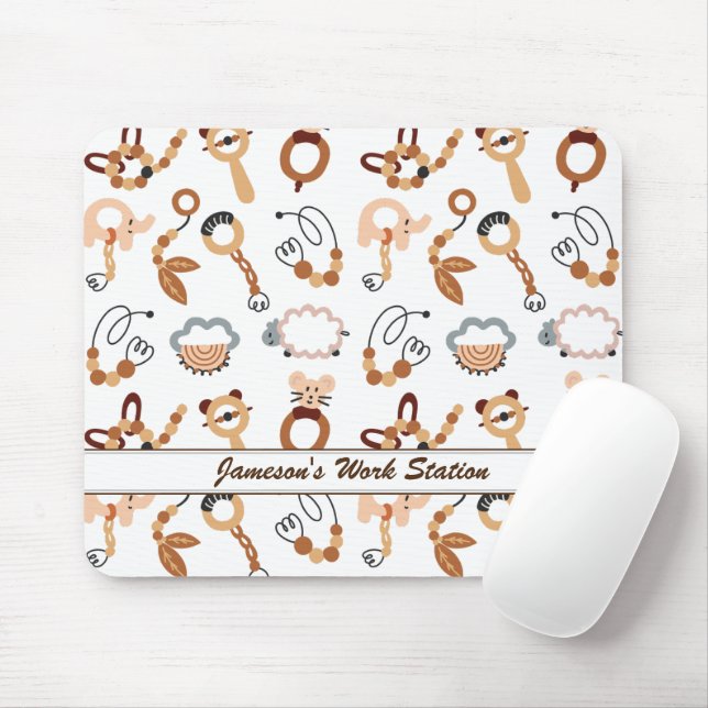 Cute White Toy Boho Pattern Illustration Name Mouse Mat (With Mouse)