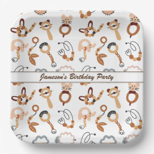 Cute White Toy Boho Pattern Illustration Name Paper Plate