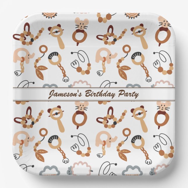 Cute White Toy Boho Pattern Illustration Name Paper Plate (Front)