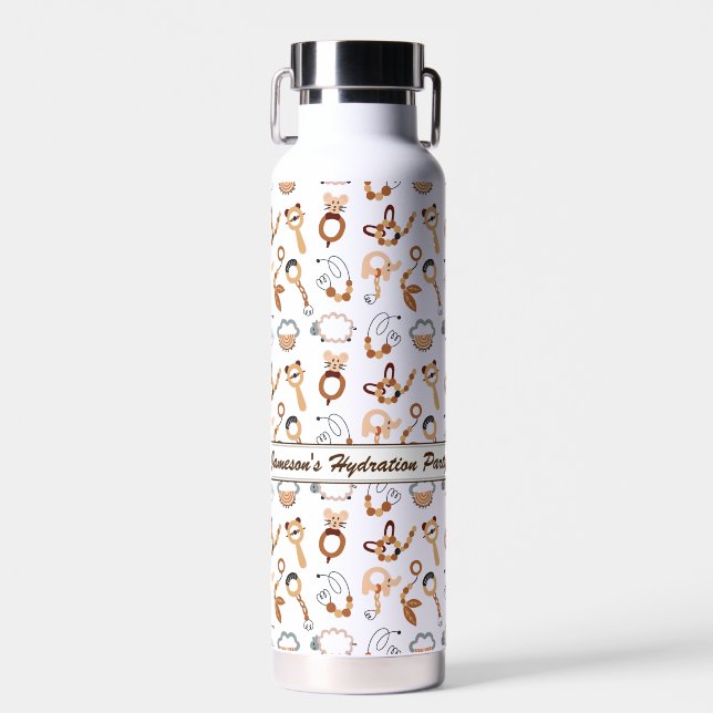 Cute White Toy Boho Pattern Illustration Name Water Bottle (Front)