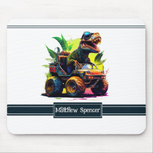 Cute White Trex Riding Monster Truck Dinosaur Name Mouse Mat