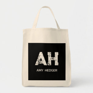 CUTE WHITE TWO LETTER MONOGRAM NAME NATURAL BLACK TOTE BAG