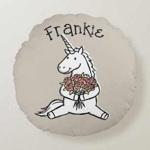 Cute White Unicorn and Roses Custom Name Girls Round Cushion