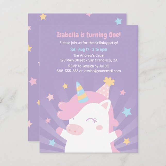 Cute White Unicorn And Stars Girls Birthday Party Invitation (Front/Back)