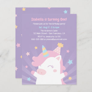 Cute White Unicorn And Stars Girls Birthday Party Invitation
