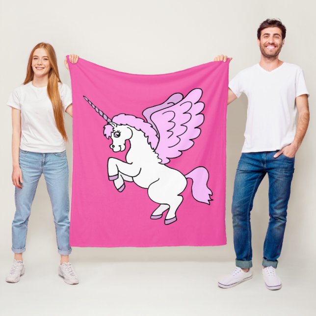 Cute White Unicorn Dark Pink Fleece Blanket (In Situ)