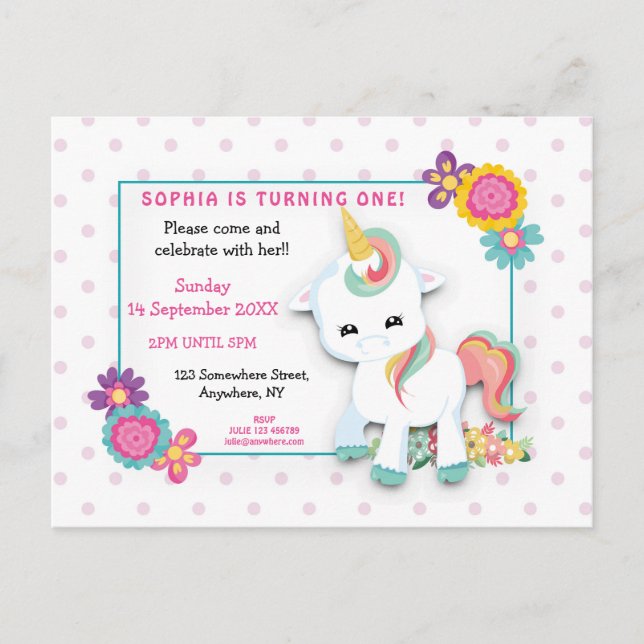 Cute White Unicorn Dots First Birthday Invitation Postcard (Front)