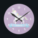 Cute White Unicorn Girls Bedroom Wall Clock<br><div class="desc">A wall clock that comes with a cute white unicorn with pastel red, blue and yellow mane which somehow resembles the rainbow. Easy to read white clock face. Perfect for decorating a girls bedroom with an enchanting, magical and fairy tale theme! Personalise with girl's name on the blue banner with...</div>