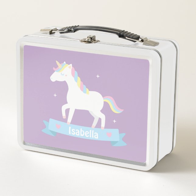 Cute White Unicorn Girls Personalised Metal Lunch Box (Front)