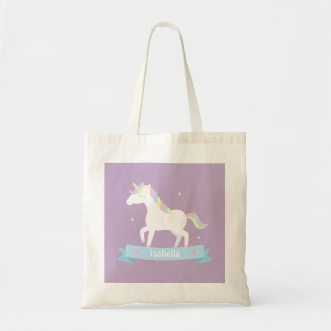 Cute White Unicorn Pastel Mane Girls Name Tote (Front)