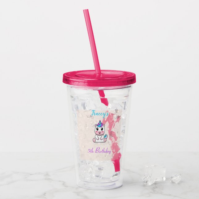Cute white unicorn pink acrylic tumbler (Front Ice)