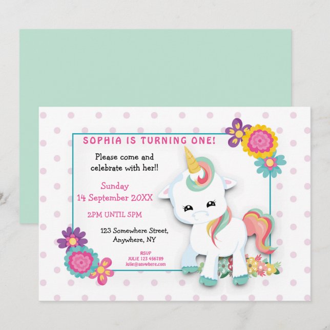 Cute White Unicorn Pink Polka Dots First Birthday Invitation (Front/Back)