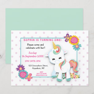 Cute White Unicorn Pink Polka Dots First Birthday Invitation