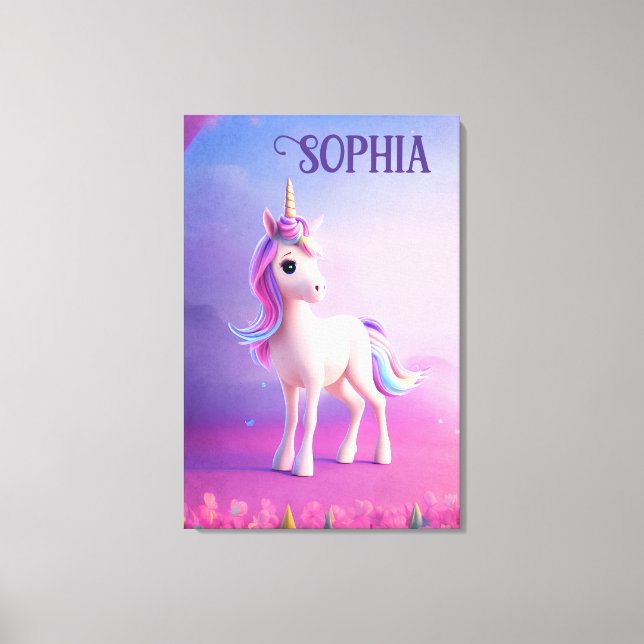 Cute White Unicorn With Pink & Blue Mane Canvas Print (Front)