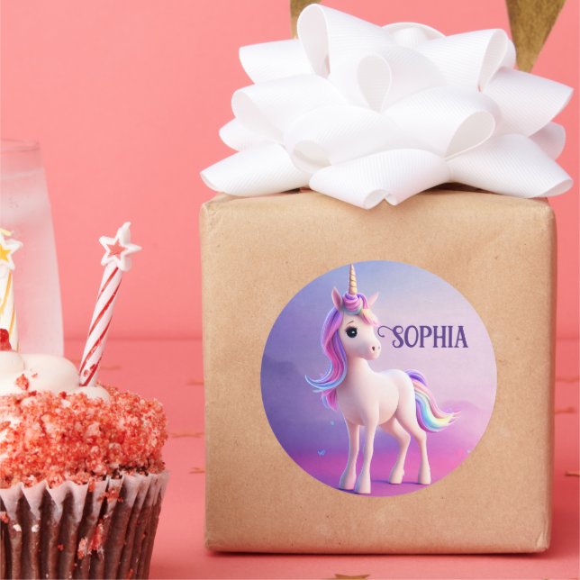 Cute White Unicorn With Pink & Blue Mane Classic Round Sticker (Party)