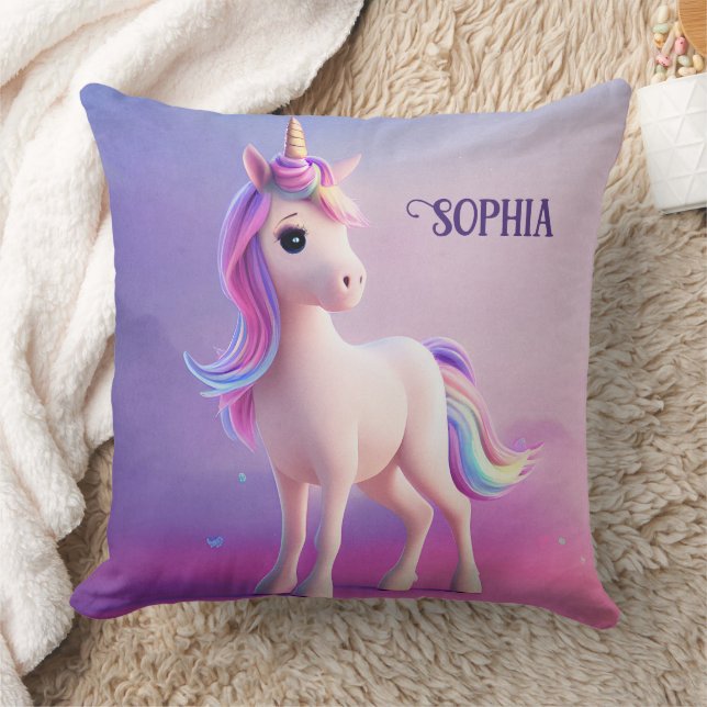 Cute White Unicorn With Pink & Blue Mane Cushion (Blanket)