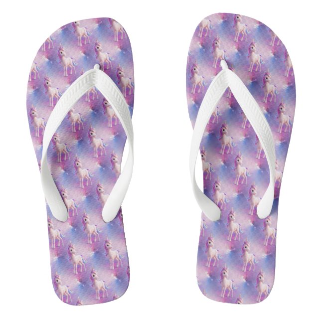 Cute White Unicorn With Pink & Blue Mane Flip Flops (Footbed)