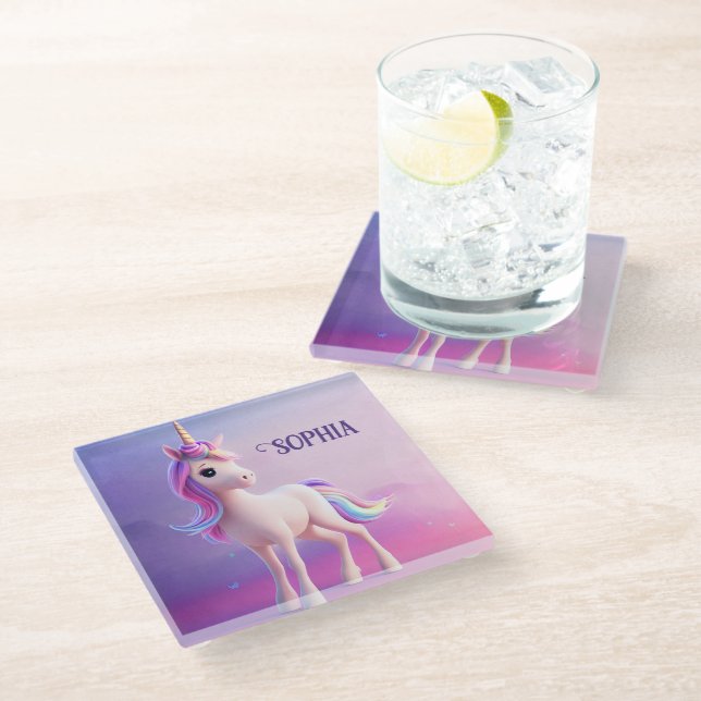 Cute White Unicorn With Pink & Blue Mane Glass Coaster (Angled)
