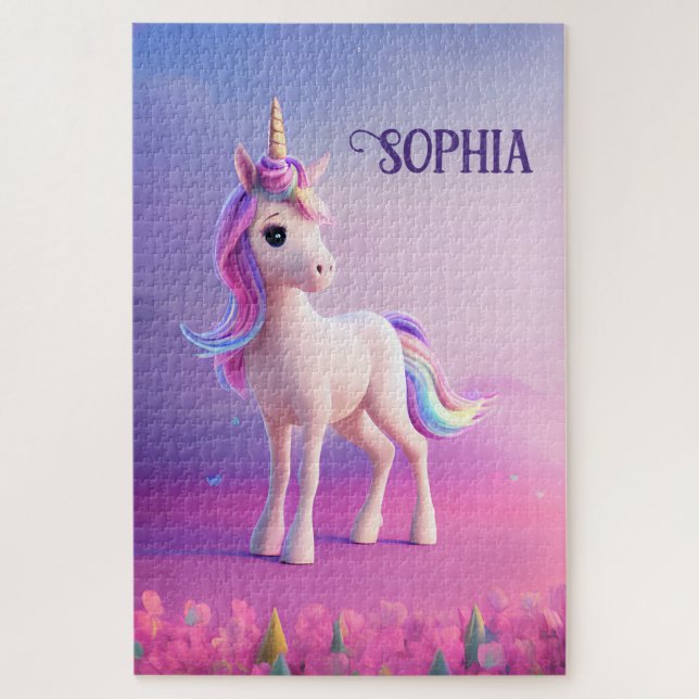 Cute White Unicorn With Pink & Blue Mane Jigsaw Puzzle (Vertical)
