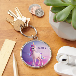 Cute White Unicorn With Pink & Blue Mane Key Ring