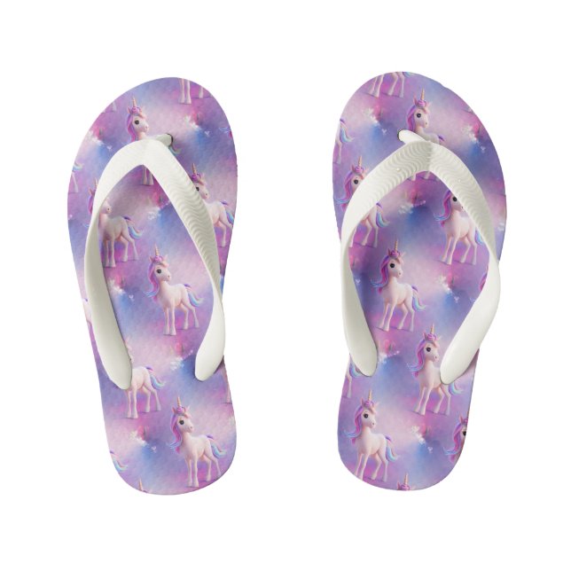Cute White Unicorn With Pink & Blue Mane Kid's Flip Flops (Footbed)
