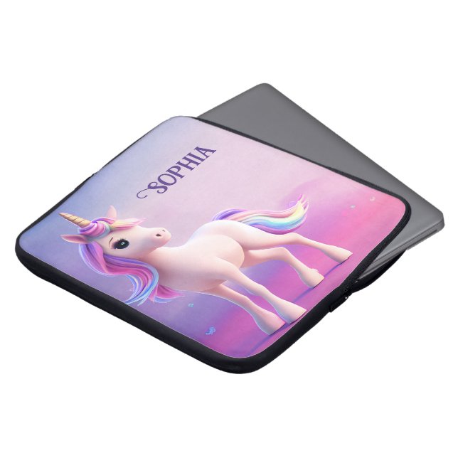 Cute White Unicorn With Pink & Blue Mane Laptop Sleeve (Front Top)