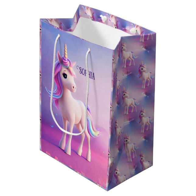 Cute White Unicorn With Pink & Blue Mane Medium Gift Bag (Front Angled)