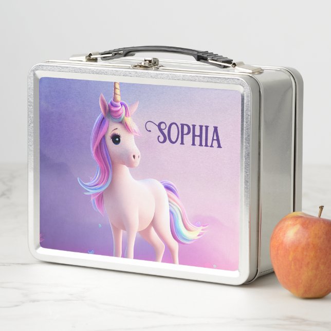 Cute White Unicorn With Pink & Blue Mane Metal Lunch Box (In Situ)