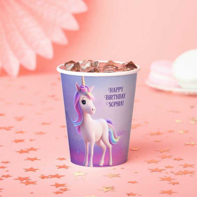 Cute White Unicorn With Pink & Blue Mane Paper Cups (Insitu)