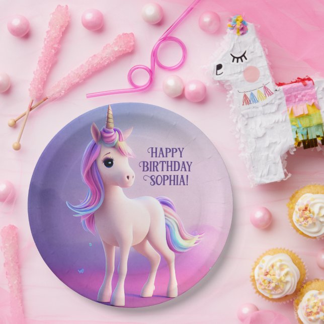 Cute White Unicorn With Pink & Blue Mane Paper Plate (Party)
