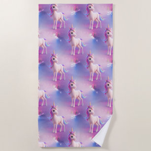 Cute White Unicorn With Pink & Blue Mane Pattern Beach Towel