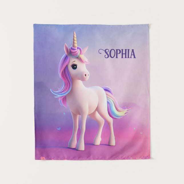 Cute White Unicorn With Pink & Blue Mane Tapestry (Front)