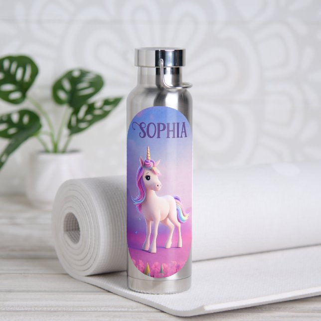Cute White Unicorn With Pink & Blue Mane Water Bottle (Yoga)