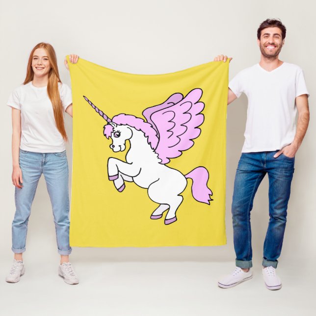 Cute White Unicorn Yellow Fleece Blanket (In Situ)