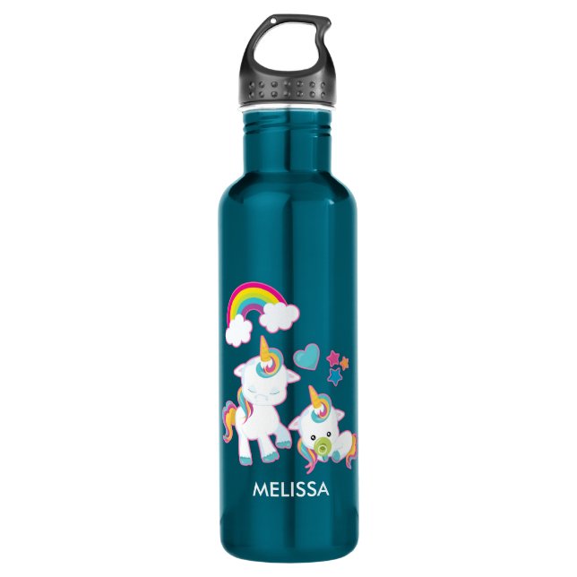 Cute White Unicorns Magical Mama & Baby 710 Ml Water Bottle (Front)