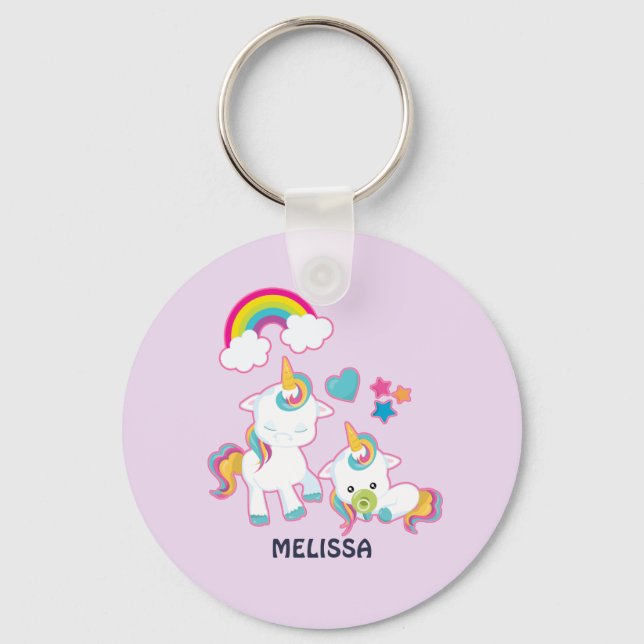 Cute White Unicorns Magical Mama & Baby Key Ring (Front)