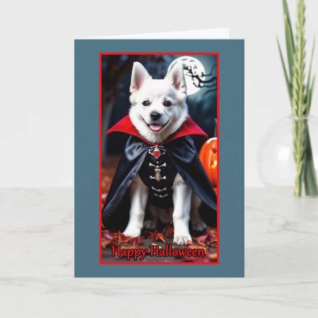 Cute White Vampire Puppy on Halloween Holiday Card (Front)