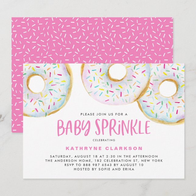 Cute White Watercolor Doughnuts Girl Baby Sprinkle Invitation (Front/Back)