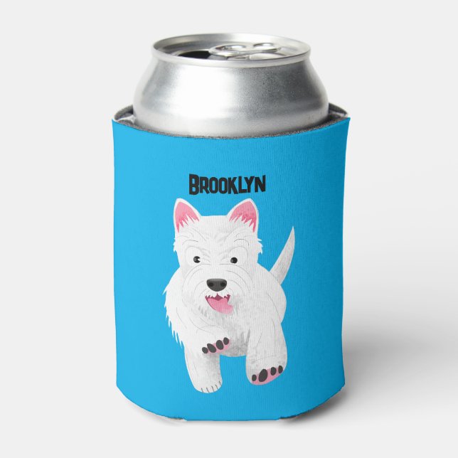 Cute white west highland terrier cartoon can cooler (Can Front)