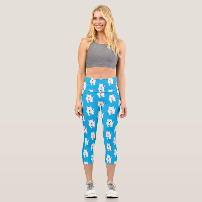 Cute white west highland terrier cartoon capri leggings (Front)