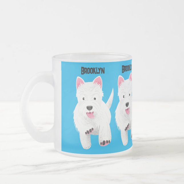 Cute white west highland terrier cartoon frosted glass coffee mug (Left)