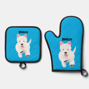 Cute white west highland terrier cartoon oven mitt & pot holder set